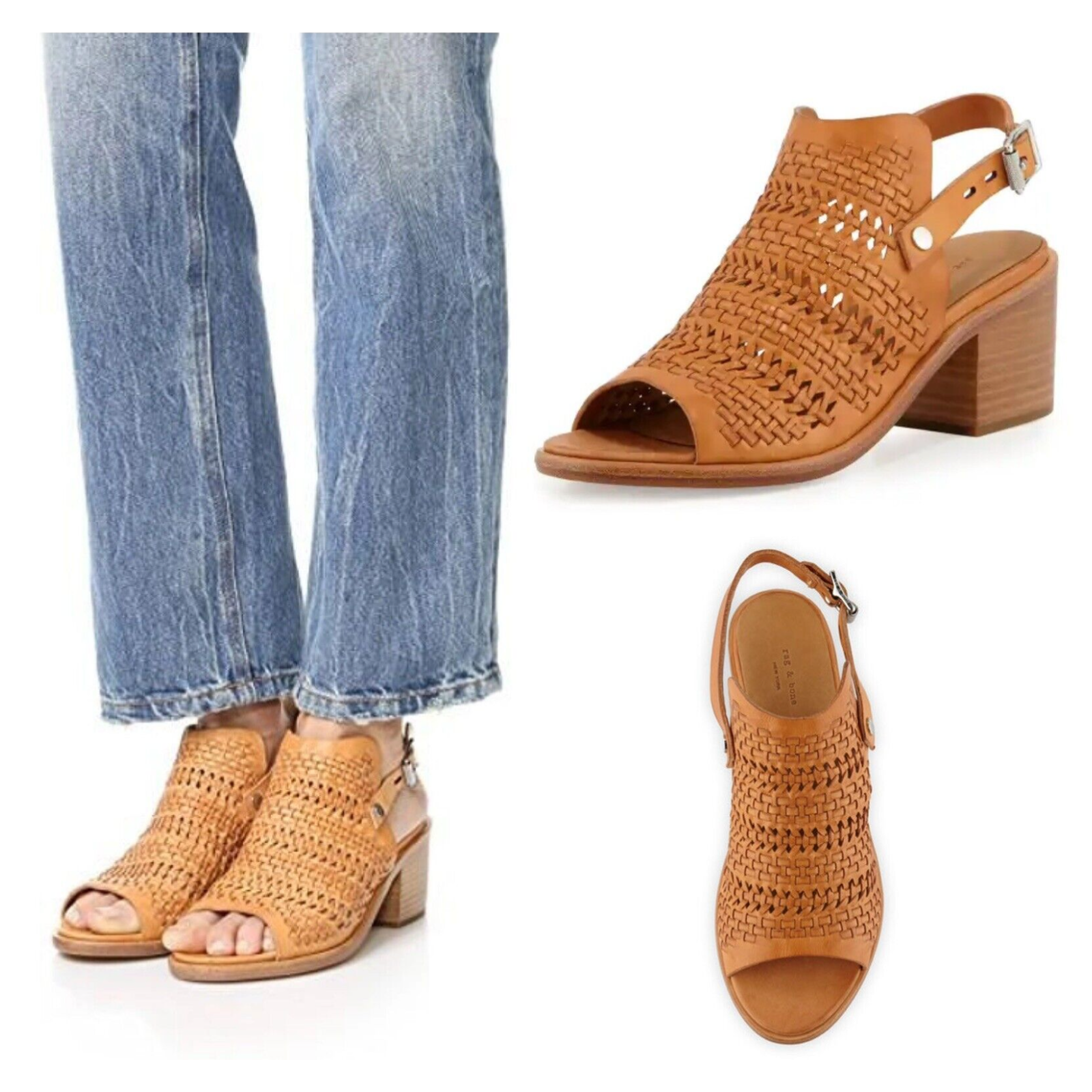 Rag And Bone Wyatt Mid Block Heel Sandal In Natural Woven Size 8 Slingback
